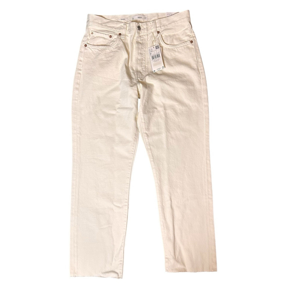 NWT Mango MNG Denim Jeans Womens 8 Bone Ecru Havana Cropped High Waist Frayed - Picture 2 of 8